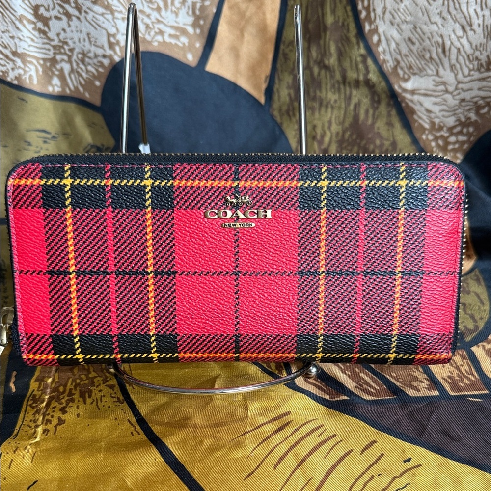 Coach Red and Black Plaid Zip Wallet